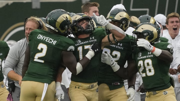 Sep 10, 2022; Fort Collins, Colorado, USA; Colorado State Rams defensive back Jack Howell (17) celebrates a late interception  at Sonny Lubick Field at Canvas Stadium. Mandatory Credit: Michael Madrid-USA TODAY Sports