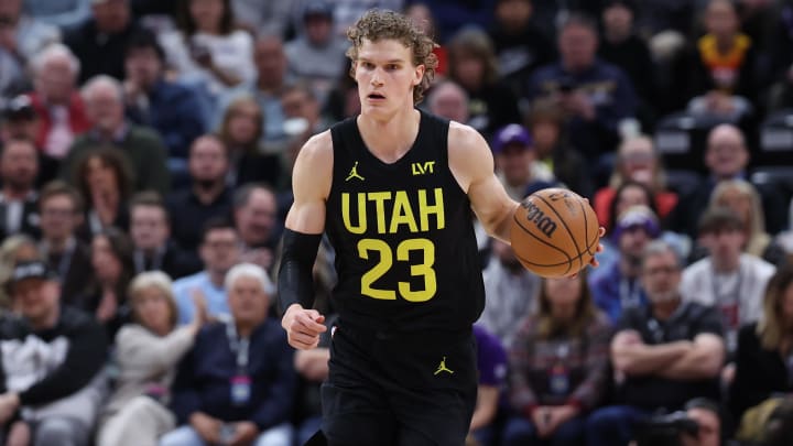 Mar 27, 2024; Salt Lake City, Utah, USA; Utah Jazz forward Lauri Markkanen (23) brings the ball up the court against the San Antonio Spurs during the first quarter at Delta Center. Mandatory Credit: Rob Gray-USA TODAY Sports