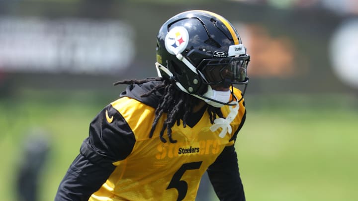 Jul 24, 2025; Latrobe, PA, USA;  Pittsburgh Steelers cornerback Jalen Ramsey (5) participates in drills during training camp at Saint Vincent College. Mandatory Credit: Charles LeClaire-Imagn Images
