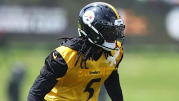 Pittsburgh Steelers cornerback Jalen Ramsey (5) participates in drills during training camp at Saint Vincent College.