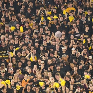 Sep 26, 2025; Tempe, Arizona, USA; A general view of the Arizona State Sun Devils student section against the TCU Horned Frogs in the first half at Mountain America Stadium, Home of the ASU Sun Devils. Mandatory Credit: Jacob Reiner-Imagn Images