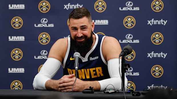 Sep 29, 2025; Denver, CO, USA; Denver Nuggets player Jonas Valanciunas (17) addresses the media during media day at Ball Aren