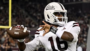 Nov 11, 2023; College Station, Texas, USA; Mississippi State Bulldogs quarterback Chris Parson (16) warms up on the sideline during the first quarter against the Texas A&M Aggies at Kyle Field. Mandatory Credit: Maria Lysaker-Imagn Images