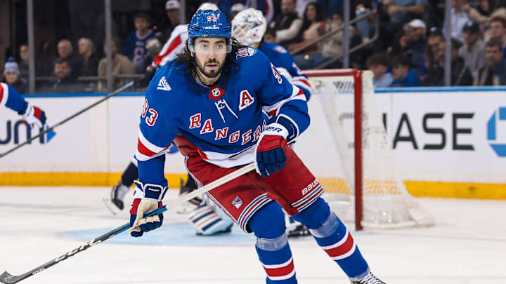 Apr 5, 2026; New York, New York, USA; New York Rangers center Mika Zibanejad (93) skates against the Washington Capitals during the second period at Madison Square Garden. 