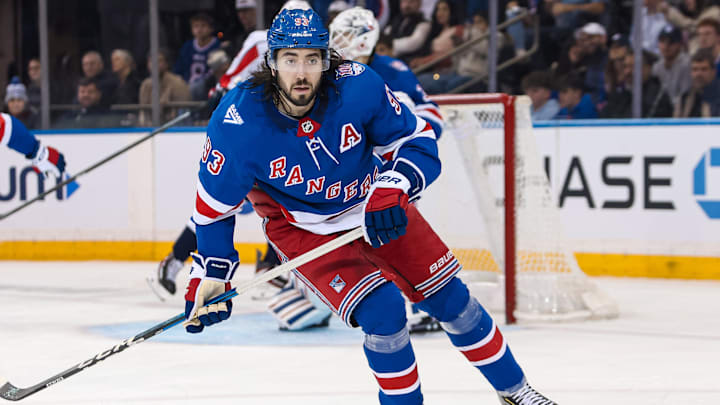 Apr 5, 2026; New York, New York, USA; New York Rangers center Mika Zibanejad (93) skates against the Washington Capitals during the second period at Madison Square Garden. Apr 5, 2026; New York, New York, USA; New York Rangers center Mika Zibanejad (93) skates against the Washington Capitals during the second period at Madison Square Garden.
