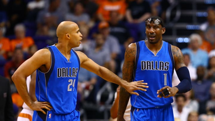 Mar 22, 2015; Phoenix, AZ, USA; Dallas Mavericks center Amar'e Stoudemire (right) and forward Richard Jefferson against the Phoenix Suns at US Airways Center. The Suns defeated the Mavericks 98-92. Mandatory Credit: Mark J. Rebilas-USA TODAY Sports