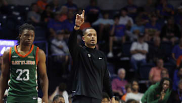 Nov 19, 2024; Gainesville, Florida, USA; Florida A&M Rattlers head coach Patrick Crarey II reacts against the Florida Gators during the second half at Exactech Arena at the Stephen C. O'Connell Center. Mandatory Credit: Morgan Tencza-Imagn Images
