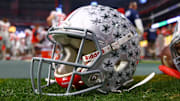 Jan 1, 2016; Glendale, AZ, USA; Detailed view of an Ohio State Buckeyes helmet against the Notre Dame Fighting Irish during the 2016 Fiesta Bowl at University of Phoenix Stadium. Mandatory Credit: Mark J. Rebilas-Imagn Images