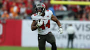 Nov 9, 2025; Tampa, Florida, USA; Tampa Bay Buccaneers running back Sean Tucker (44) runs for a gain during the fourth quarter against the New England Patriots at Raymond James Stadium. Mandatory Credit: Nathan Ray Seebeck-Imagn Images