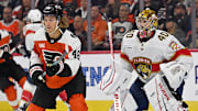 Oct 13, 2025; Philadelphia, Pennsylvania, USA; Philadelphia Flyers center Trevor Zegras (46) in front of Florida Panthers goaltender Daniil Tarasov (40) at Wells Fargo Center. Mandatory Credit: Eric Hartline-Imagn Images