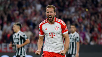 Harry Kane celebrating after scoring for Bayern Munich.