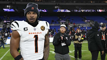 Nov 27, 2025; Baltimore, Maryland, USA;  Cincinnati Bengals wide receiver Ja'Marr Chase (1) on the field after the game against the Baltimore Ravens at M&T Bank Stadium. Mandatory Credit: Tommy Gilligan-Imagn Images