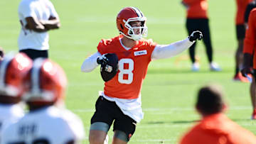 Jul 23, 2025; Berea, OH, USA; Cleveland Browns quarterback Kenny Pickett (8) looks to pass during training camp at CrossCountry Mortgage Campus. Mandatory Credit: Ken Blaze-Imagn Images