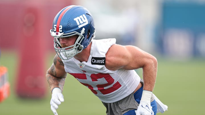 Jul 24, 2024; East Rutherford, NJ, USA; New York Giants linebacker Carter Coughlin (52) participates in drills during training camp at Quest Diagnostics Training Facility.  