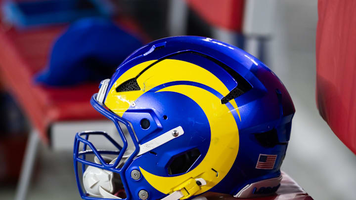Jan 13, 2025; Glendale, AZ, USA; Detailed view of a Los Angeles Rams helmet during an NFC wild card game at State Farm Stadium. Mandatory Credit: Mark J. Rebilas-Imagn Images Jan 13, 2025; Glendale, AZ, USA; Detailed view of a Los Angeles Rams helmet during an NFC wild card game at State Farm Stadium. Mandatory Credit: Mark J. Rebilas-Imagn Images