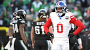 Jan 5, 2025; Philadelphia, Pennsylvania, USA; New York Giants linebacker Brian Burns (0) reacts against the Philadelphia Eagles during the fourth quarter at Lincoln Financial Field.  