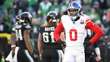 Jan 5, 2025; Philadelphia, Pennsylvania, USA; New York Giants linebacker Brian Burns (0) reacts against the Philadelphia Eagles during the fourth quarter at Lincoln Financial Field.  