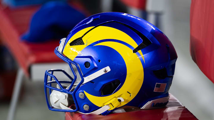 Jan 13, 2025; Glendale, AZ, USA; Detailed view of a Los Angeles Rams helmet during an NFC wild card game at State Farm Stadium. Mandatory Credit: Mark J. Rebilas-Imagn Images Jan 13, 2025; Glendale, AZ, USA; Detailed view of a Los Angeles Rams helmet during an NFC wild card game at State Farm Stadium. Mandatory Credit: Mark J. Rebilas-Imagn Images