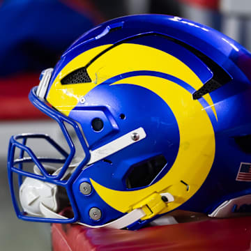 Jan 13, 2025; Glendale, AZ, USA; Detailed view of a Los Angeles Rams helmet during an NFC wild card game at State Farm Stadium. Mandatory Credit: Mark J. Rebilas-Imagn Images