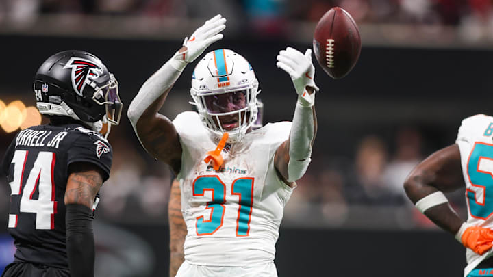Oct 26, 2025; Atlanta, Georgia, USA; Miami Dolphins running back Ollie Gordon II (31) celebrates after a first down against the Atlanta Falcons in the third quarter at Mercedes-Benz Stadium. Mandatory Credit: Brett Davis-Imagn Images