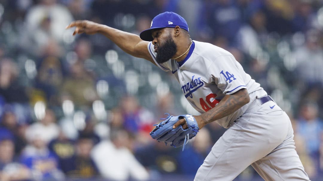 May 8, 2023; Milwaukee, Wisconsin, USA;  Los Angeles Dodgers pitcher Wander Suero (46) throws a pitch during the seventh inning against the Milwaukee Brewers at American Family Field. Mandatory Credit: Jeff Hanisch-Imagn Images
