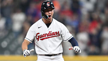 Jun 6, 2023; Cleveland, Ohio, USA; Cleveland Guardians right fielder Will Brennan (17) celebrates after hitting an an RBI double during the eighth inning against the Boston Red Sox at Progressive Field. Mandatory Credit: Ken Blaze-Imagn Images