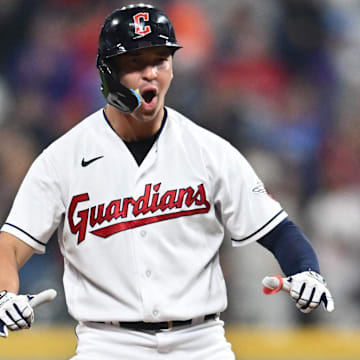 Jun 6, 2023; Cleveland, Ohio, USA; Cleveland Guardians right fielder Will Brennan (17) celebrates after hitting an an RBI double during the eighth inning against the Boston Red Sox at Progressive Field. Mandatory Credit: Ken Blaze-Imagn Images
