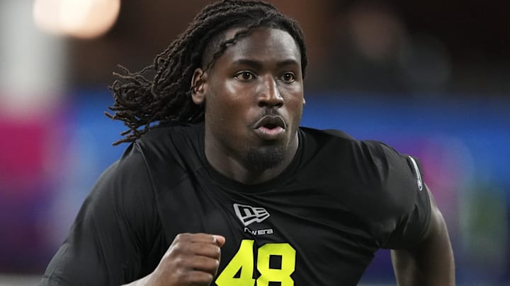 Feb 26, 2026; Indianapolis, IN, USA; UCF defensive lineman Malachi Lawrence (DL48 during the NFL Scouting Combine  at Lucas Oil Stadium. Mandatory Credit: Kirby Lee-Imagn Images