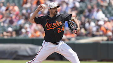May 18, 2025; Baltimore, Maryland, USA; Baltimore Orioles pitcher Zach Eflin (24) delivers a pitch against the Washington Nationals during the first inning at Oriole Park at Camden Yards. 