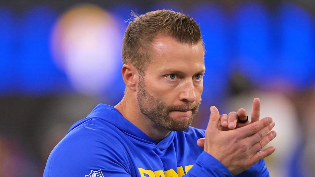 Nov 23, 2025; Inglewood, California, USA; Los Angeles Rams head coach Sean McVay looks on during warmups before the game against the Tampa Bay Buccaneers at SoFi Stadium. Mandatory Credit: Jayne Kamin-Oncea-Imagn Images