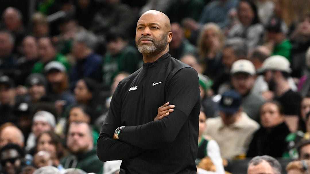 Jan 17, 2025; Boston, Massachusetts, USA; Orlando Magic head coach Jamahl Mosley  looks on during the first half against the Boston Celtics at TD Garden. Mandatory Credit: Eric Canha-Imagn Images