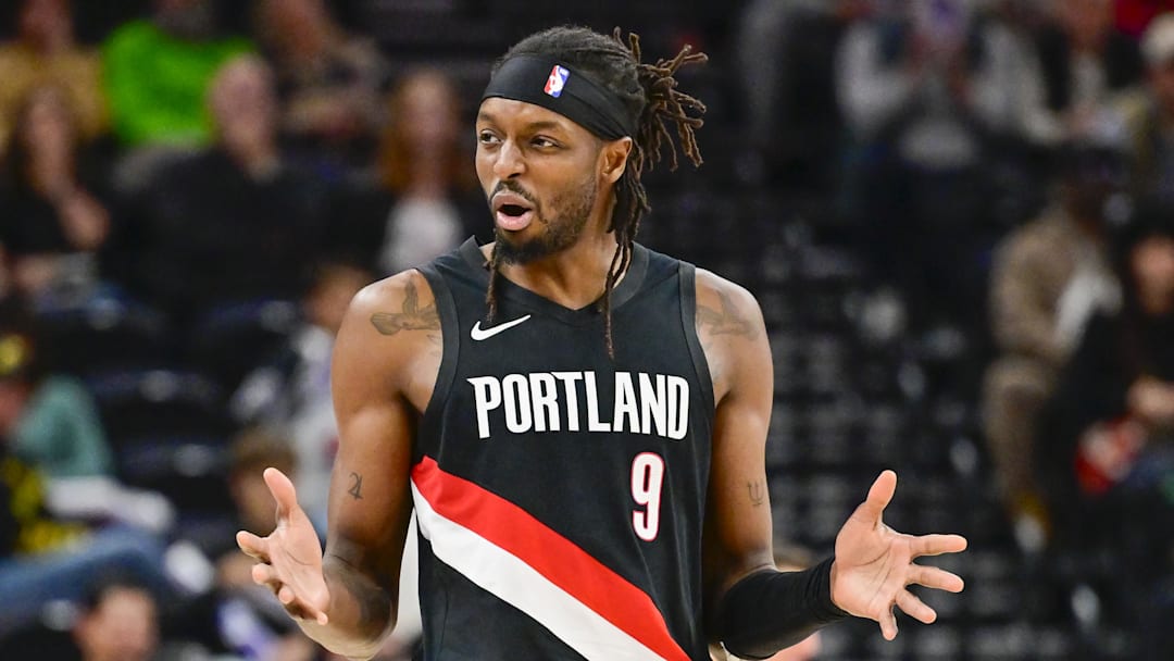 Oct 16, 2025; Salt Lake City, Utah, USA; Portland Trail Blazers forward Jerami Grant (9) questions a call during the second half against the Utah Jazz at Delta Center. Mandatory Credit: Peter Creveling-Imagn Images