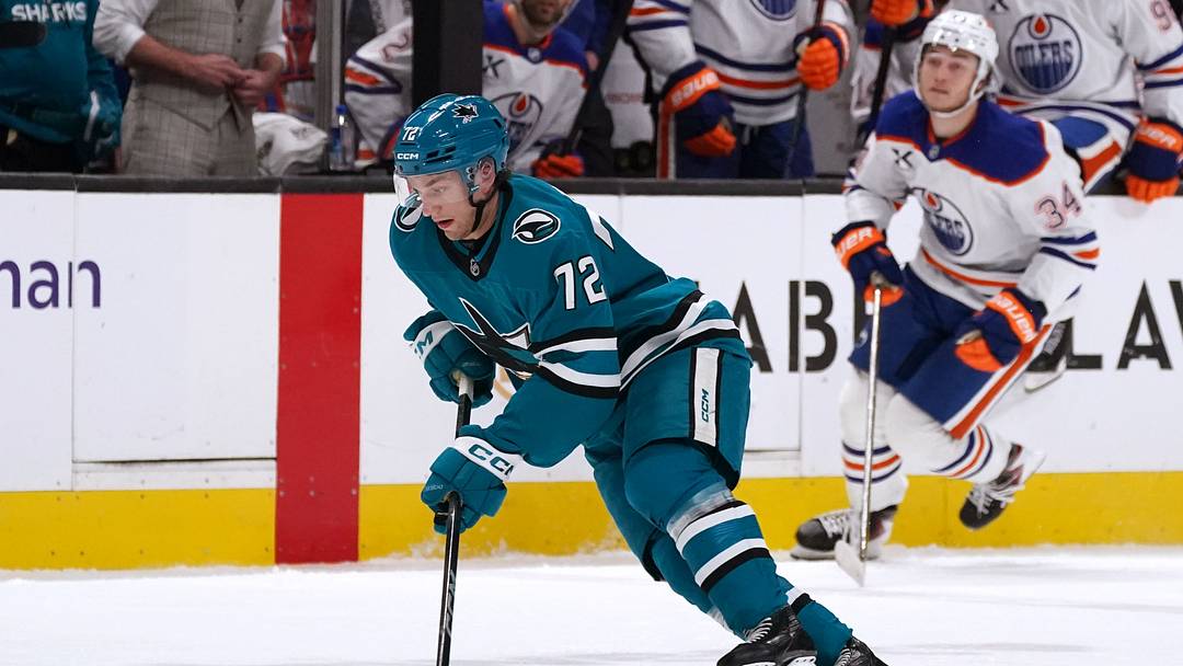 Apr 8, 2026; San Jose, California, USA;  San Jose Sharks left wing William Eklund (72) controls the puck against the Edmonton Oilers during the second period at SAP Center at San Jose. Mandatory Credit: David Gonzales-Imagn Images