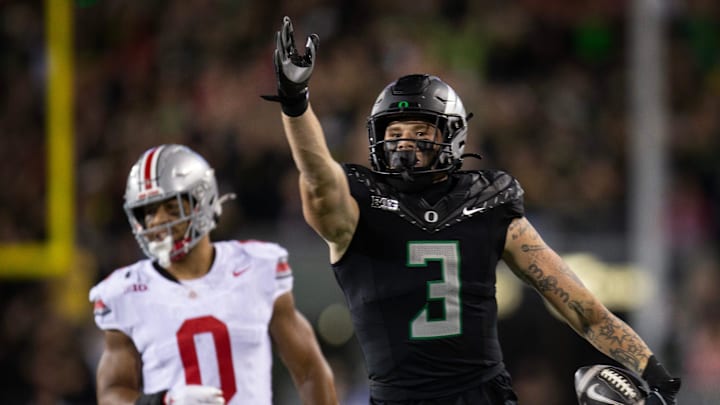 Oregon’s Terrance Ferguson, right, celebrates first down against Ohio State during the third quarter at Autzen Stadium Saturday, Oct. 12, 2024.