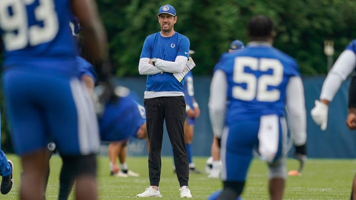 Indianapolis Colts head coach Shane Steichen watches players stretch Wednesday, June 5, 2024, during practice at the Colts Practice Facility in Indianapolis.