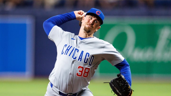 Jun 13, 2024; St. Petersburg, Florida, USA;  Chicago Cubs pitcher Mark Leiter Jr. (38) throws a pitch against the Tampa Bay Rays in the seventh inning at Tropicana Field. Mandatory Credit: Nathan Ray Seebeck-USA TODAY Sports