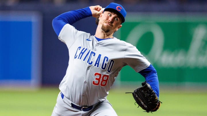 Jun 13, 2024; St. Petersburg, Florida, USA;  Chicago Cubs pitcher Mark Leiter Jr. (38) throws a pitch against the Tampa Bay Rays in the seventh inning at Tropicana Field.