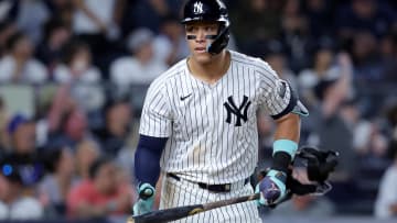 Jun 9, 2024; Bronx, New York, USA; New York Yankees right fielder Aaron Judge (99) reacts after hitting a solo home run against the Los Angeles Dodgers during the eighth inning at Yankee Stadium. Mandatory Credit: Brad Penner-USA TODAY Sports