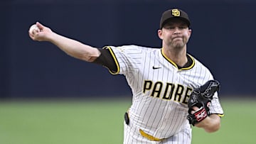 Sep 9, 2025; San Diego, California, USA; San Diego Padres starting pitcher Michael King (34) delivers during the first inning against the Cincinnati Reds at Petco Park. Mandatory Credit: Denis Poroy-Imagn Images