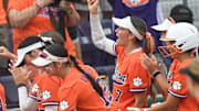 Clemson senior Reese Basinger (7) celebrates after Clemson sophomore Kylee Johnson (3) hit a home run during the bottom of the fourth inning of the NCAA Softball Tournament Clemson Regional at McWhorter Stadium in Clemson Friday, May 16, 2025.