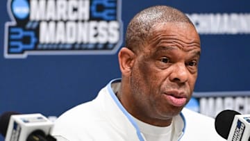 Mar 20, 2025; Milwaukee, WI, USA;  North Carolina Tar Heels head coach Hubert Davis speaks at press conference during NCAA Tournament First Round Practice at Fiserv Forum. Mandatory Credit: Benny Sieu-Imagn Images