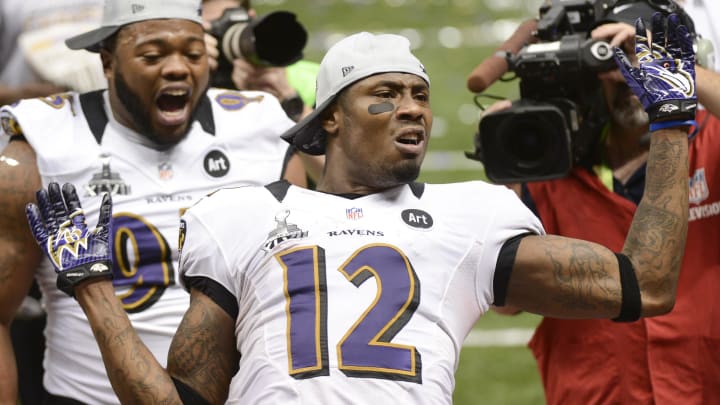 Feb 3, 2013; New Orleans, LA, USA; Baltimore Ravens wide receiver Jacoby Jones (12) celebrates the Ravens victory in Super Bowl XLVII at the Mercedes-Benz Superdome. Mandatory Credit: Jack Gruber-USA TODAY Sports