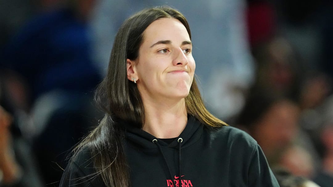 Sep 30, 2025; Las Vegas, Nevada, USA; Indiana Fever guard Caitlin Clark (22) reacts from the bench after a play made by the Las Vegas Aces during the fourth quarter of game five of the second round for the 2025 WNBA Playoffs at Michelob Ultra Arena. Mandatory Credit: Stephen R. Sylvanie-Imagn Images