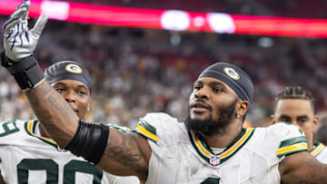 Green Bay Packers defensive lineman Micah Parsons celebrates against the Arizona Cardinals at State Farm Stadium.