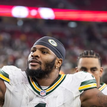 Green Bay Packers defensive lineman Micah Parsons celebrates against the Arizona Cardinals at State Farm Stadium.