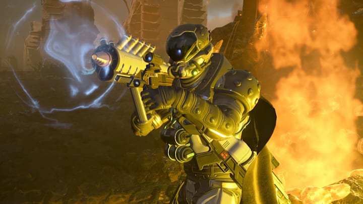 Helldivers 2 screenshot of a soldier firing the PLAS-45 Epoch.