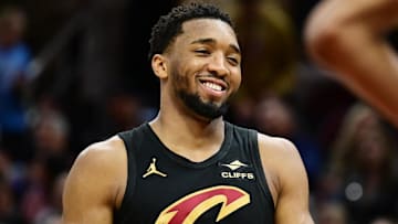 Feb 21, 2025; Cleveland, Ohio, USA;  Cleveland Cavaliers guard Donovan Mitchell (45) reacts during the second half against the New York Knicks at Rocket Arena. Mandatory Credit: Ken Blaze-Imagn Images