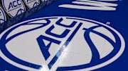 Mar 8, 2024; Greensboro, NC, USA; General view of the ACC logo before the game between Notre Dame vs Louisville at Greensboro Coliseum. 
