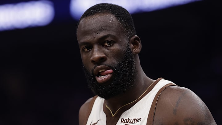Feb 9, 2026; San Francisco, California, USA; Golden State Warriors forward Draymond Green (23) between plays against the Memphis Grizzlies during the second quarter at Chase Center. Mandatory Credit: Kelley L Cox-Imagn Images