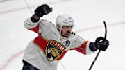 Jun 6, 2025; Edmonton, Alberta, CAN; Florida Panthers center Brad Marchand (63) reacts after scoring a goal on Edmonton Oilers goaltender Stuart Skinner (74) during the second period in game two of the 2025 Stanley Cup Final at Rogers Place. 